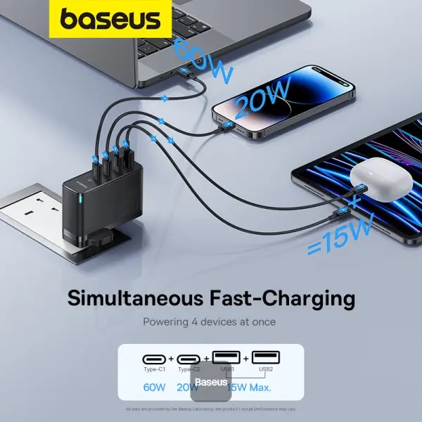 Baseus 100w 4-in-1 GaN5 Pro Fast Charger With 2xUSB-C & 2xUSB-A Ports Black CCGAN100UK — photo 5