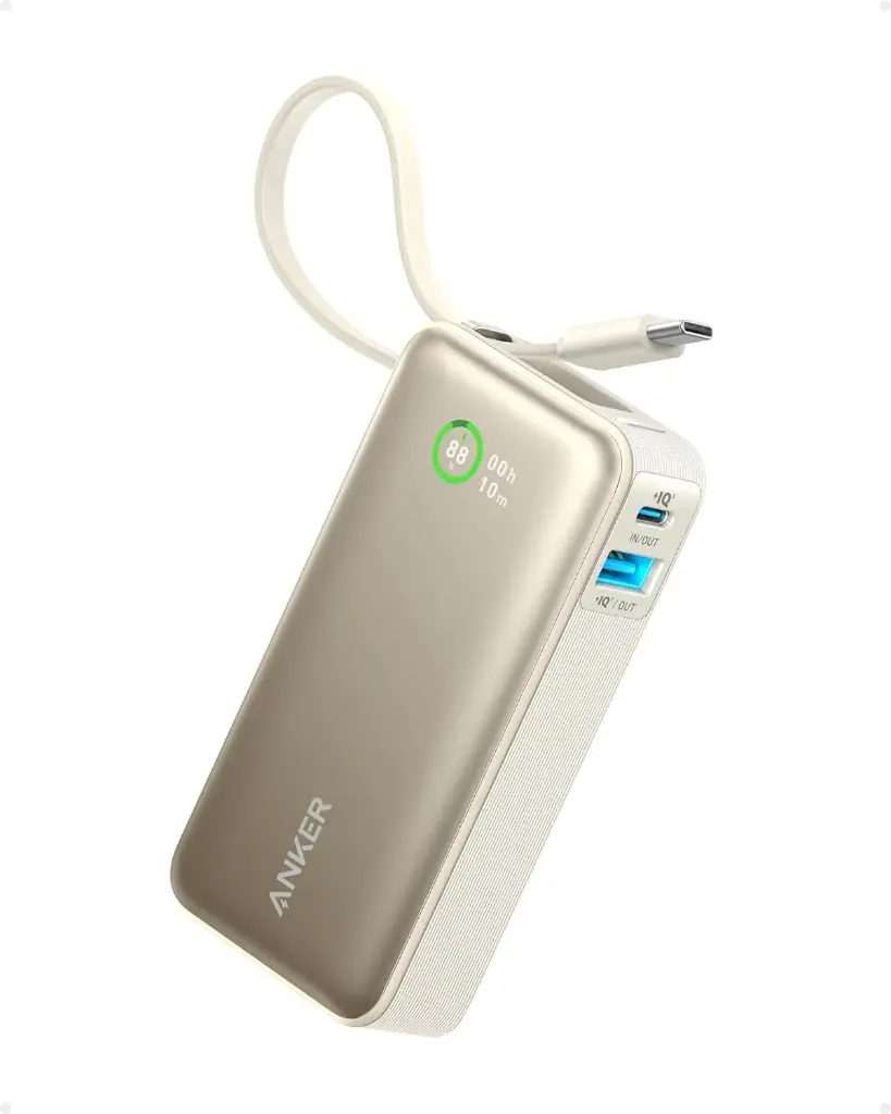 Anker 533 10000mAh 30w Nano Power Bank With Built-In USB-C Cable Black Shell White A1259H21