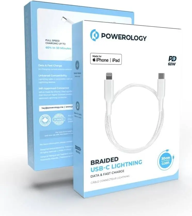 Powerology Braided USB-C to Lightning Data & Fast Charge Cable 30cm 0.9Ft White PCAB006WH