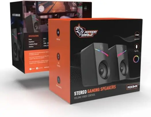 Porodo PDX543 Stereo Gaming Speakers With Volume Knob Control Black PDX54-BK