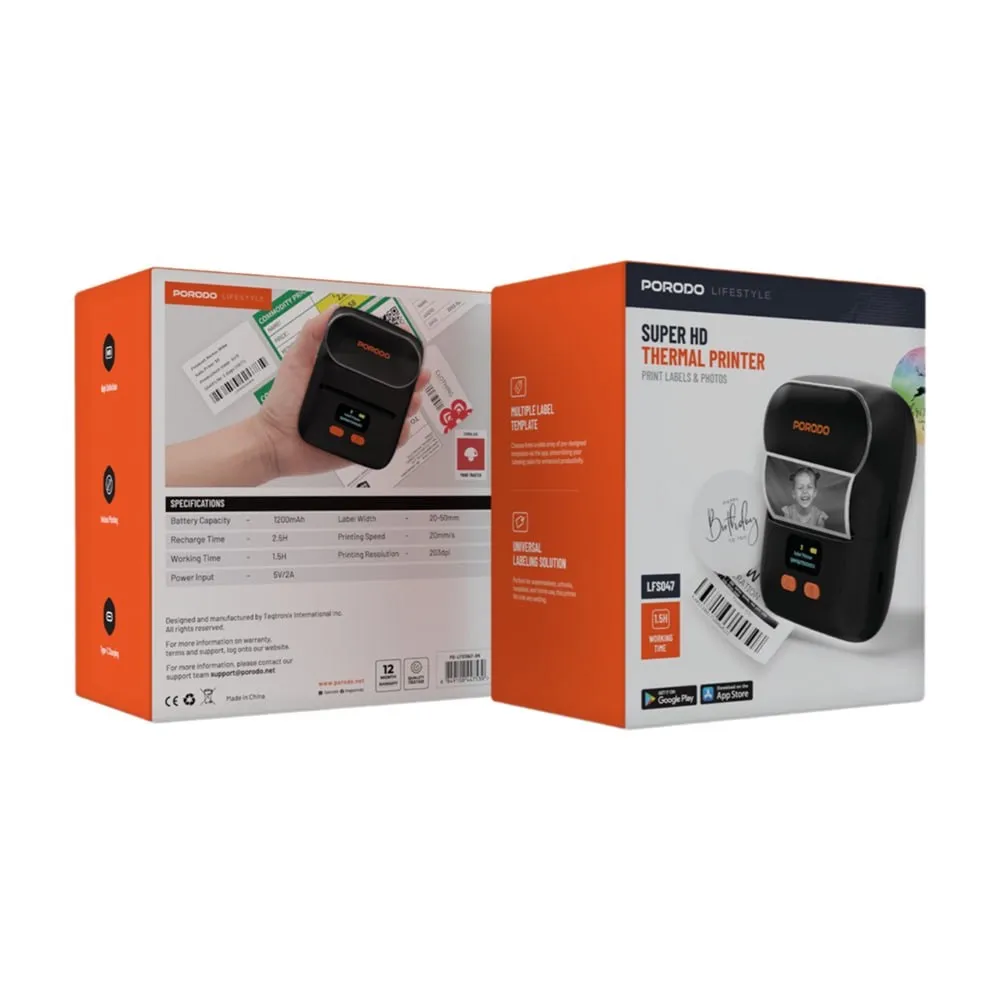 Porodo LifeStyle Super HD Thermal Printer Black PD-LFST047-BK