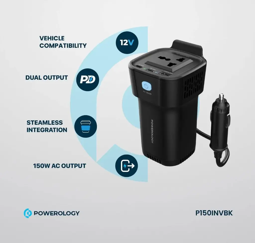 Powerology 150w Cup Holder Power Inverter with Dual USB-C & USB-A P150INVBK