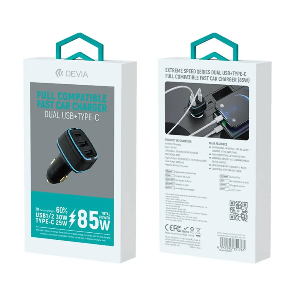 Devia HighSpeed 85W USB-C & Dual USB Car Charger 351761