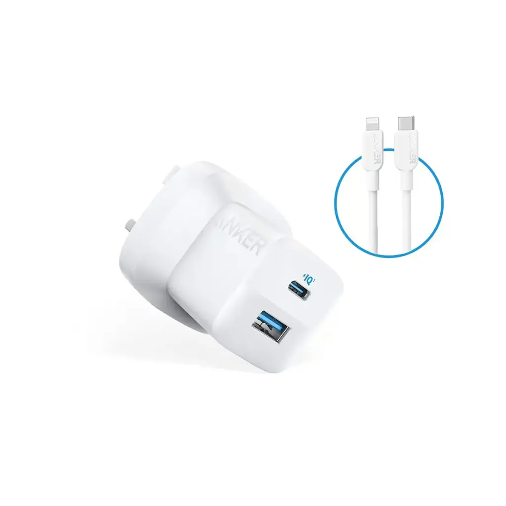 Anker 323 33w Dual Port 20w USB-C 12W USB-A Charger with USB-C to Lightning Cable White B2331K21