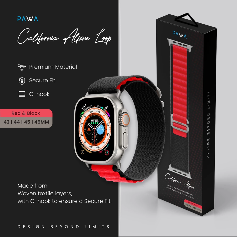 Pawa California Alpine Watch Strap 42/44/45/49mm Red & Black PW-WLCAIW-BKRD