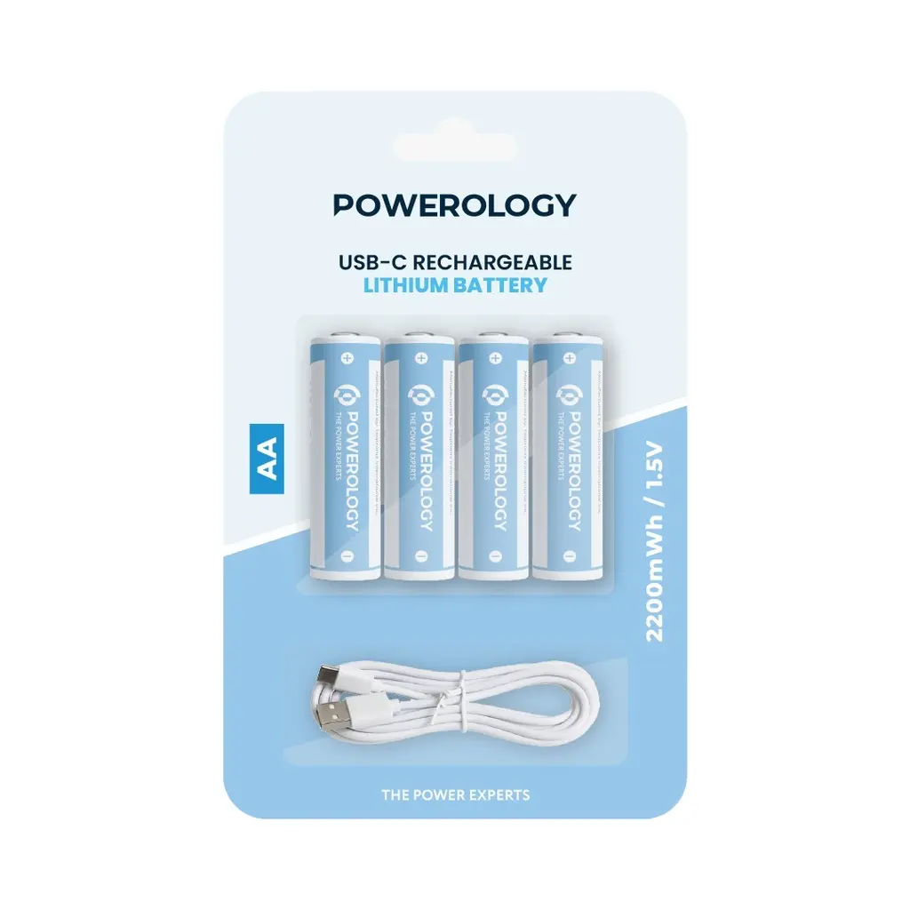 Powerology 1.5V Type-C Rechargeable Lithium-ion Battery AA Battery 2200mWh 4pcs per Pack  PAAV2RBT
