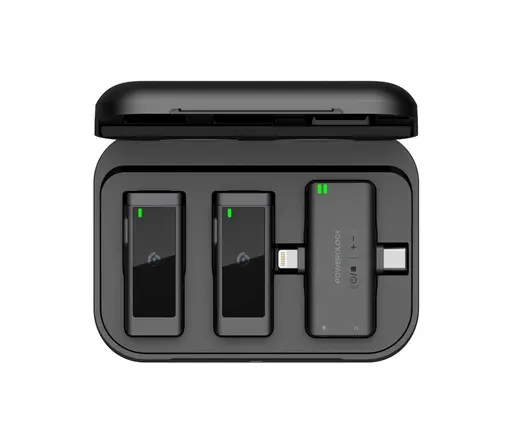 Powerology Wireless Lavalier Microphone Duo with Lightning & USB-C Connectors Black (Wireless Microphone) PWMIC2BK