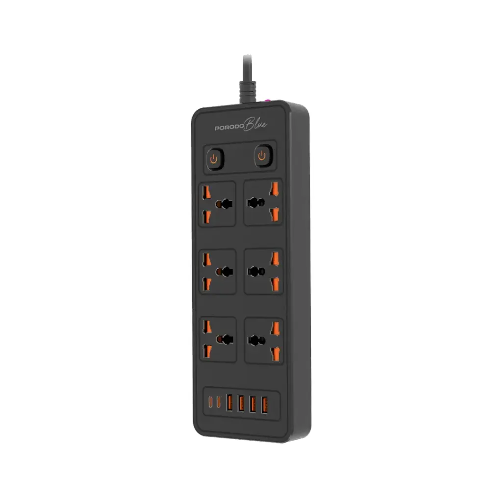 Porodo Blue FWC033 6AC Dual Switch Power Strip Universal Sockets Black 3000w 3mtr 9.8Ft PB-FWCH033-BK