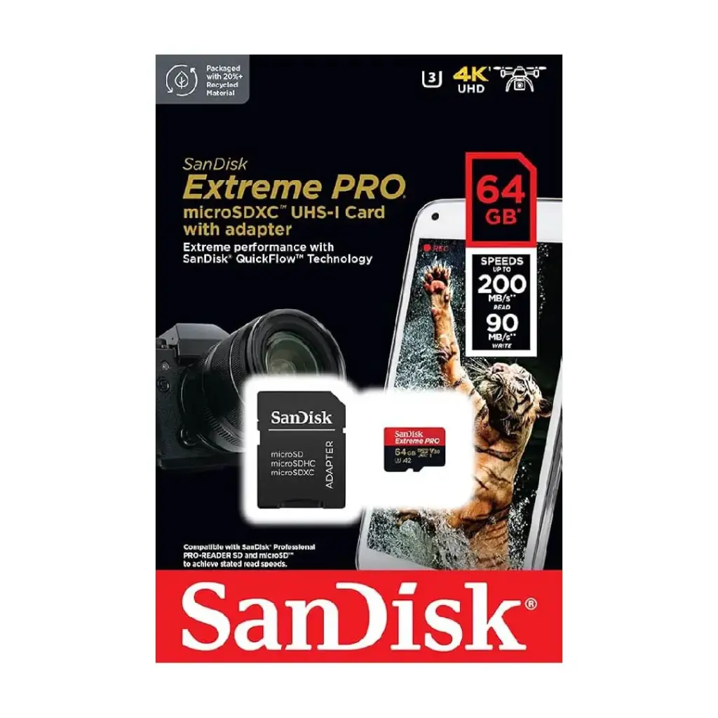 SanDisk Extreme Pro 200Mbps 64GB MicroSDXC UHS-I Card with Adapter SDSQXCU-064G-GN6MA V30