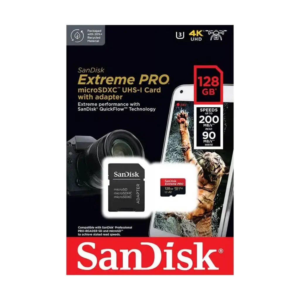 SanDisk Extreme Pro 200Mbps 128GB MicroSDXC UHS-I Card with Adapter SDSQXCD-128G-GN6MA