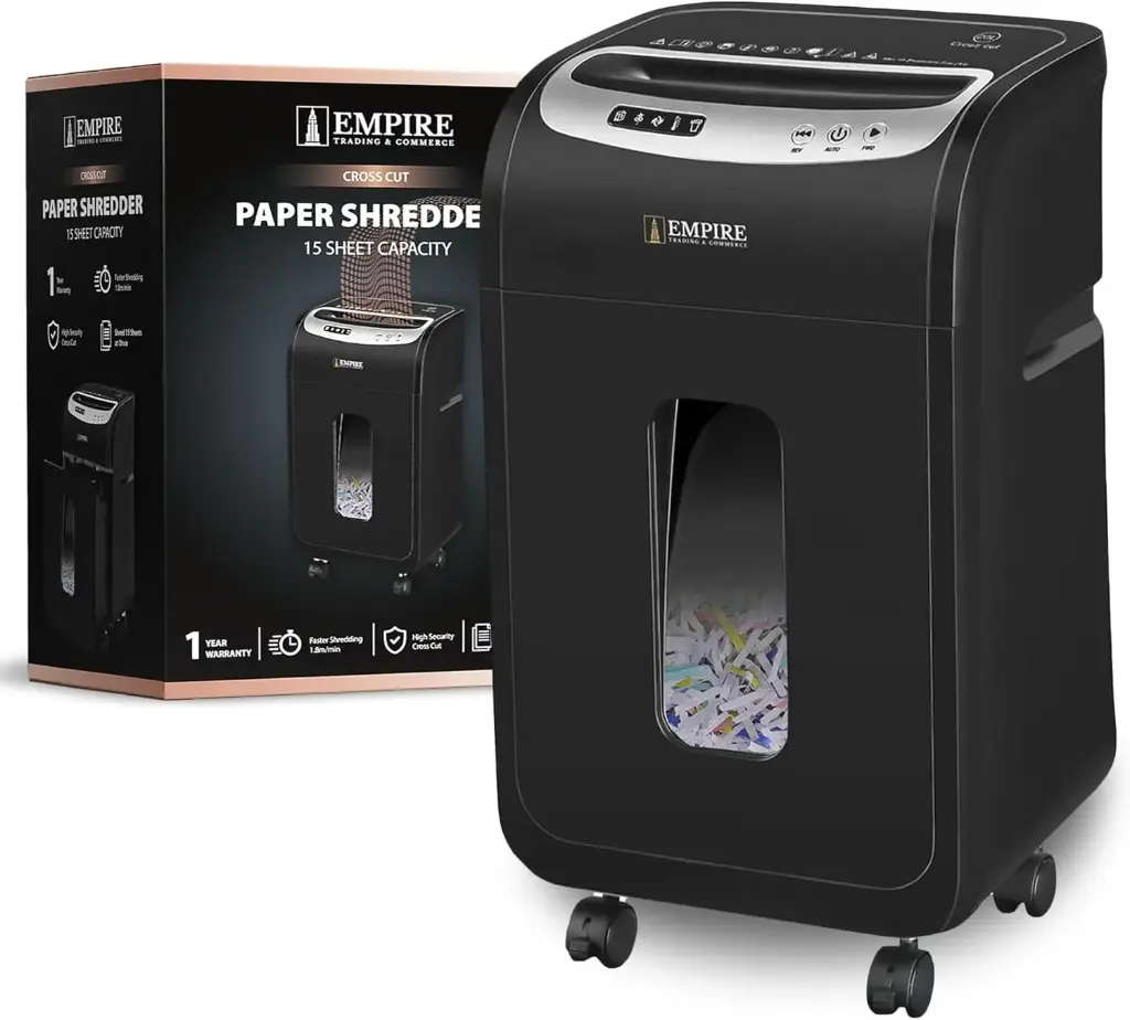 EMPIRE TRADING & COMMERCE OS901-15C Paper Shredder on Wheel 15-Sheet Cross-Cut, 20 Litres Paper Shredder Machine Black