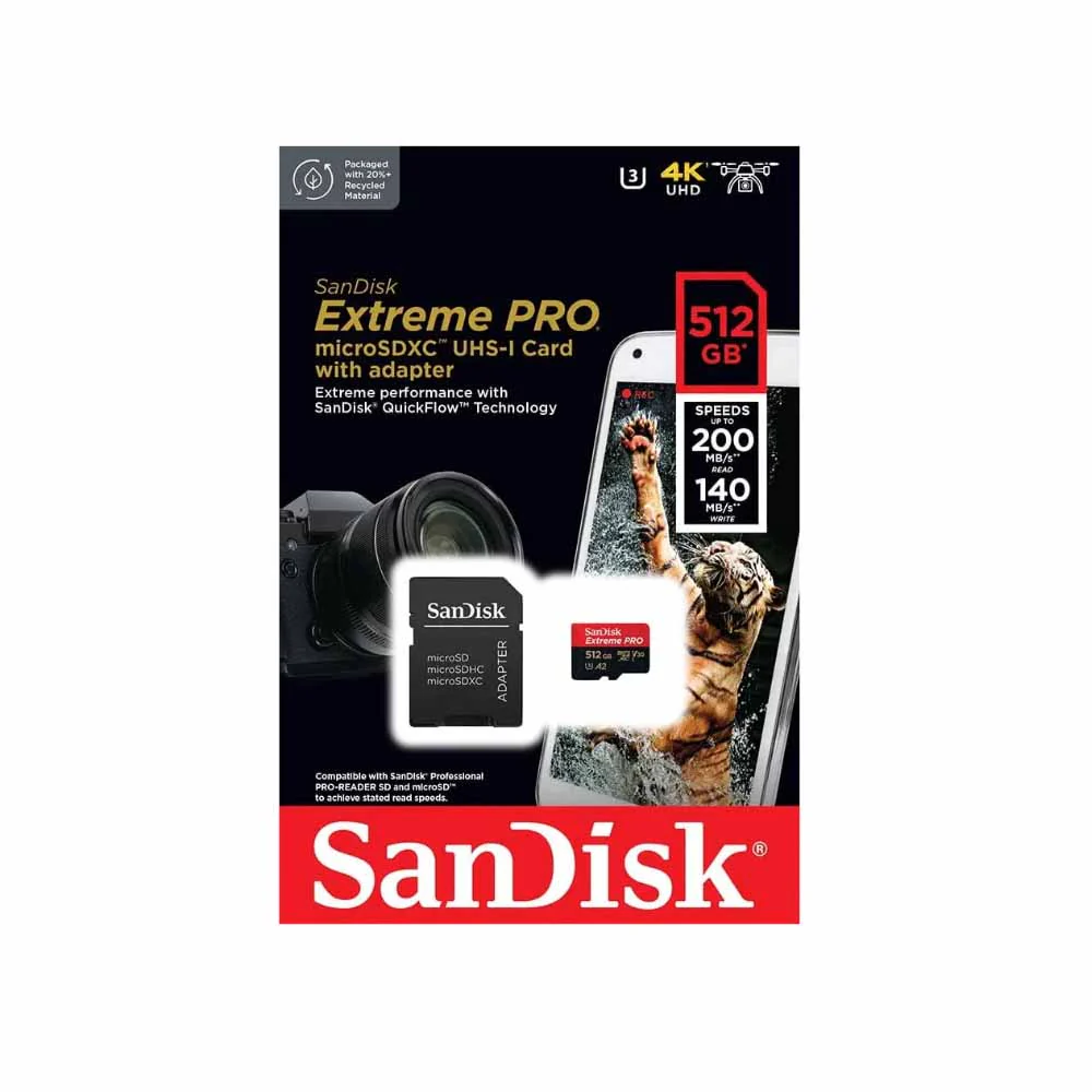 SanDisk Extreme Pro 200Mbps 512GB MicroSDXC UHS-I Card with Adapter SDSQXCD-512G-GN6MA