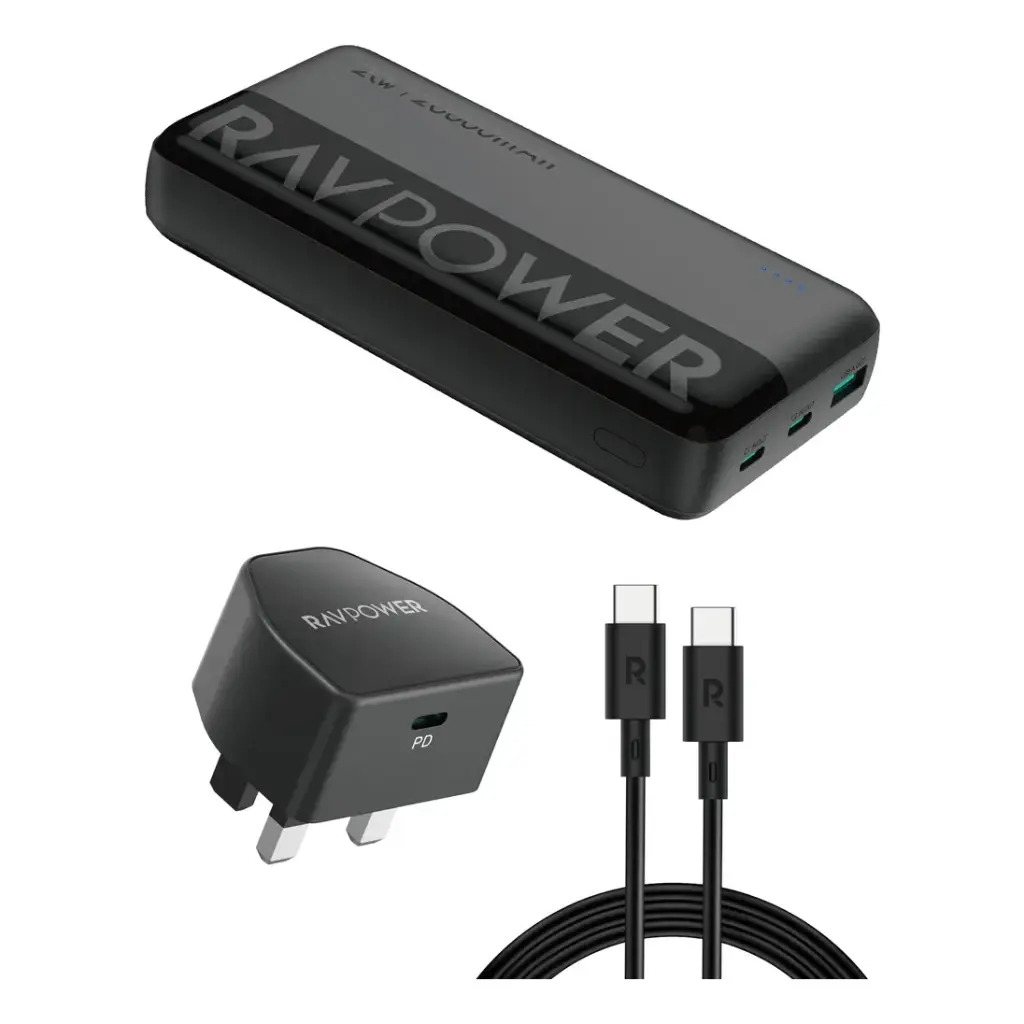 Ravpower 3in1 Combo 20000mAh PowerBank with 20w PD Fast Charging Adapter & USB-C to USB-C Cable RP-PC1086 75-27421-006