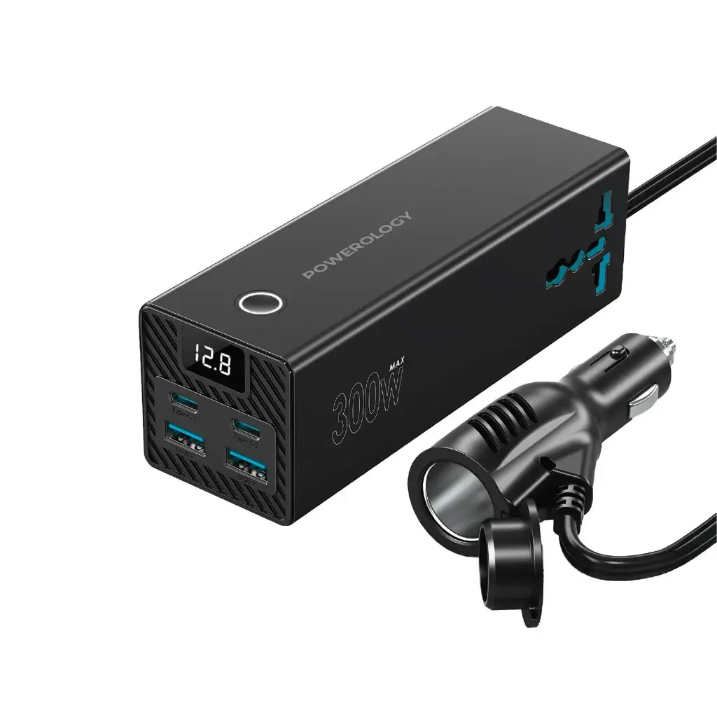 Powerology 2 AC Universal 300W Car Power Inverter With PD 36W Black PWCUQC038