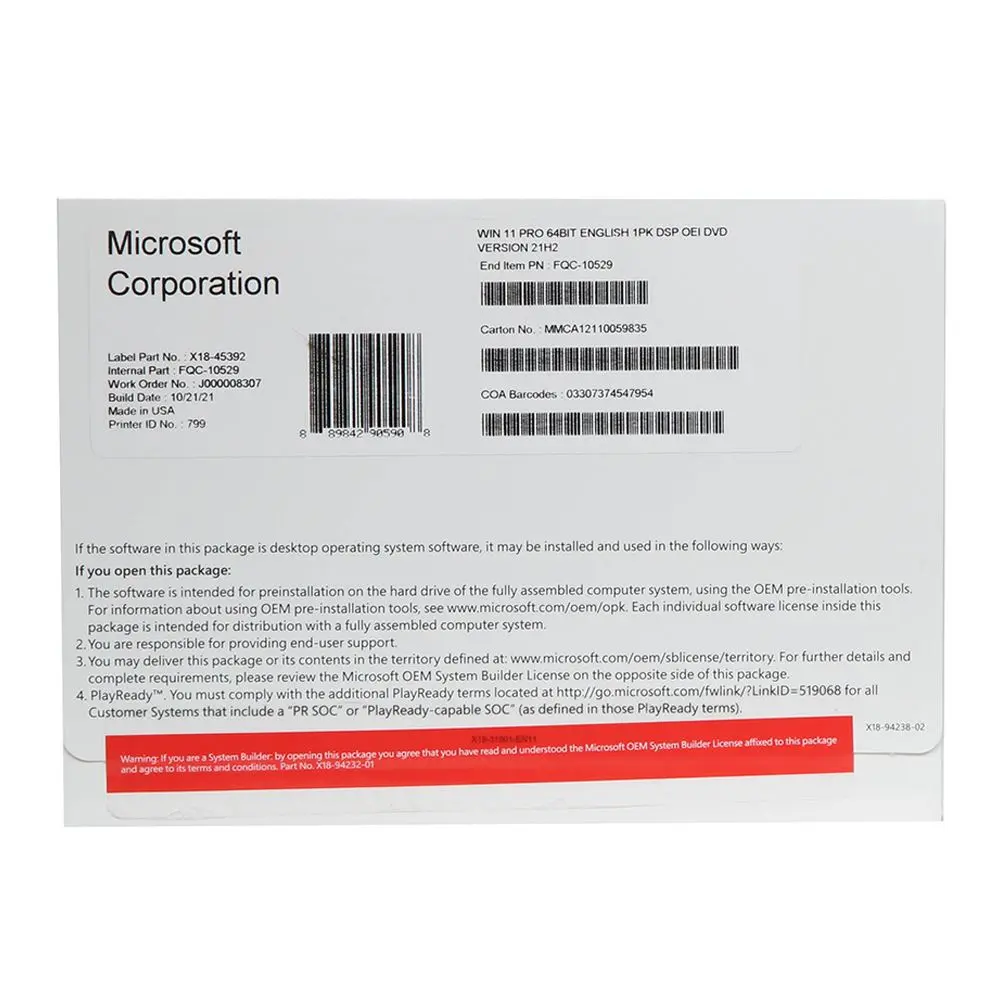 Microsoft Windows 11 Pro 64Bit Eng Intl 1pk DSP OEI DVD Keys