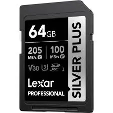 Lexar Professional SILVER PLUS 64GB V30 UHS-I SDXC Memory Card up to 205MB/s Read 100MB/s Write LSDSIPL064G-BNNNG