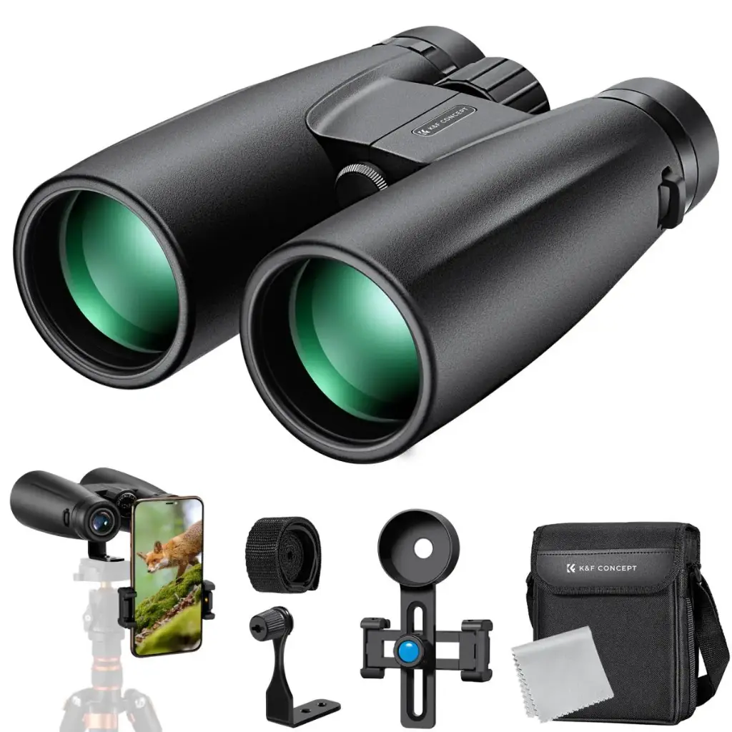 K&F Concept 12X50 Binoculars Telescope with Smartphone Adapter, Tripod Adapter, Cleaning Cloth, FMC Lens BAK4 Prism for Adults, HD Binoculars for Bird Watching Hunting Hiking Camping Travelling KF33.084