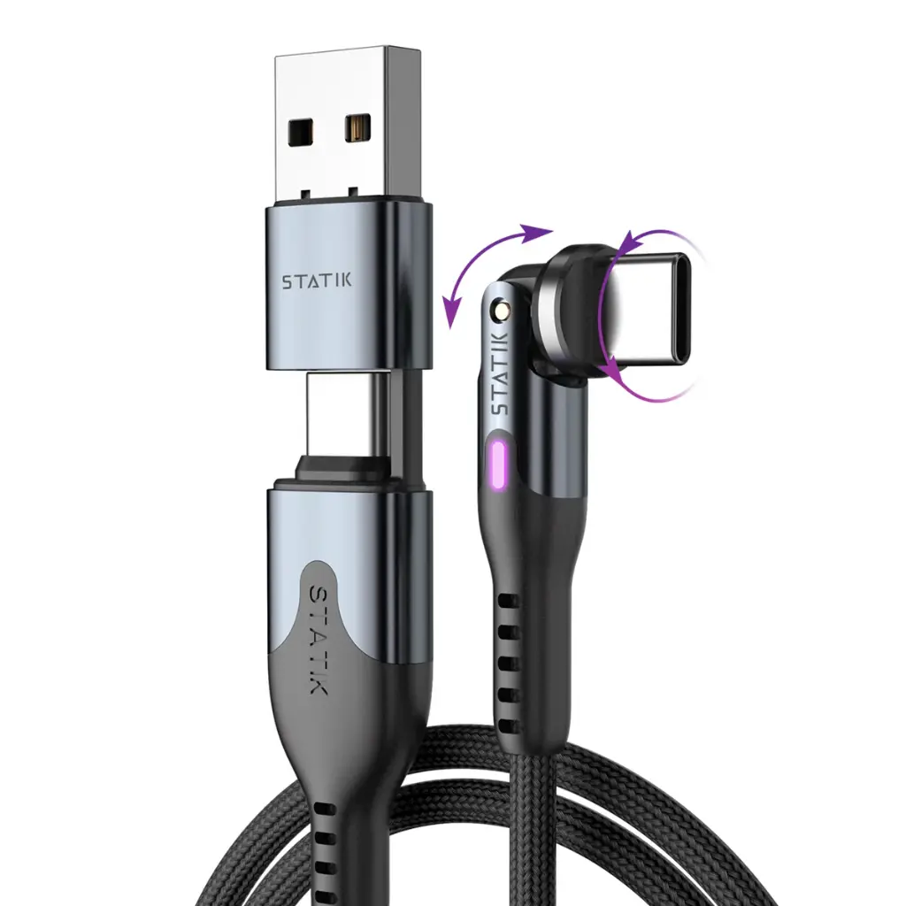STATIK Power Pivot Pro 6.6Ft 2Mtr USB-C to USB-C Braided Nylon Cable with USB-A Adapter With 100w Fast Charge Black PUP-0455-6FT-CC