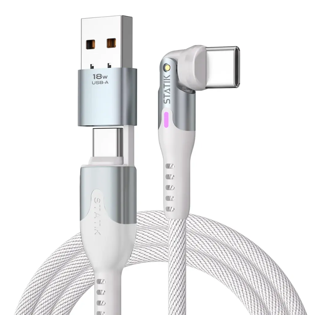 STATIK Power Pivot Pro 3.3Ft 1Mtr USB-C to USB-C Braided Nylon Cable with USB-A Adapter With 100w Fast Charge Black PUP-0455-3FT-CC-WHT