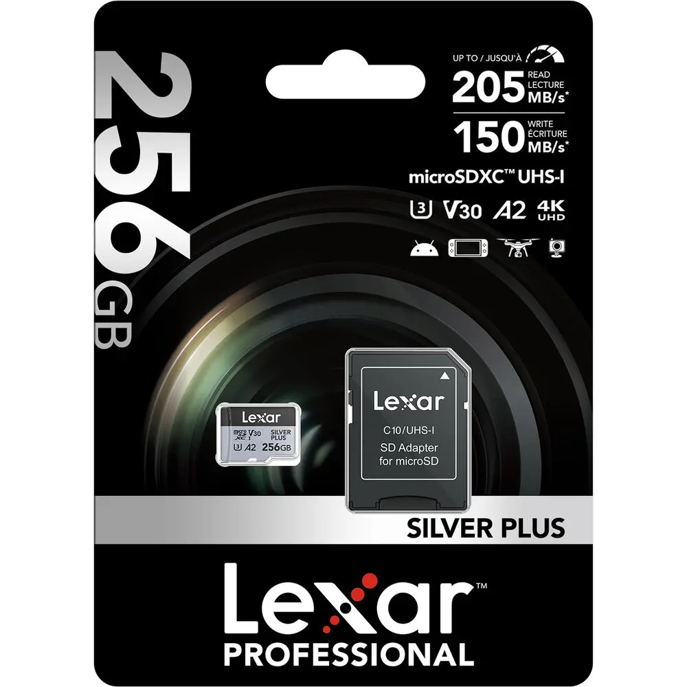 Lexar Professional Silver Plus MicroSDXC UHS-I 256GB Memory Card up to 205MB/s Read 150MB/s Write C10 V30 U3 LMSSIPL256G-BNANG