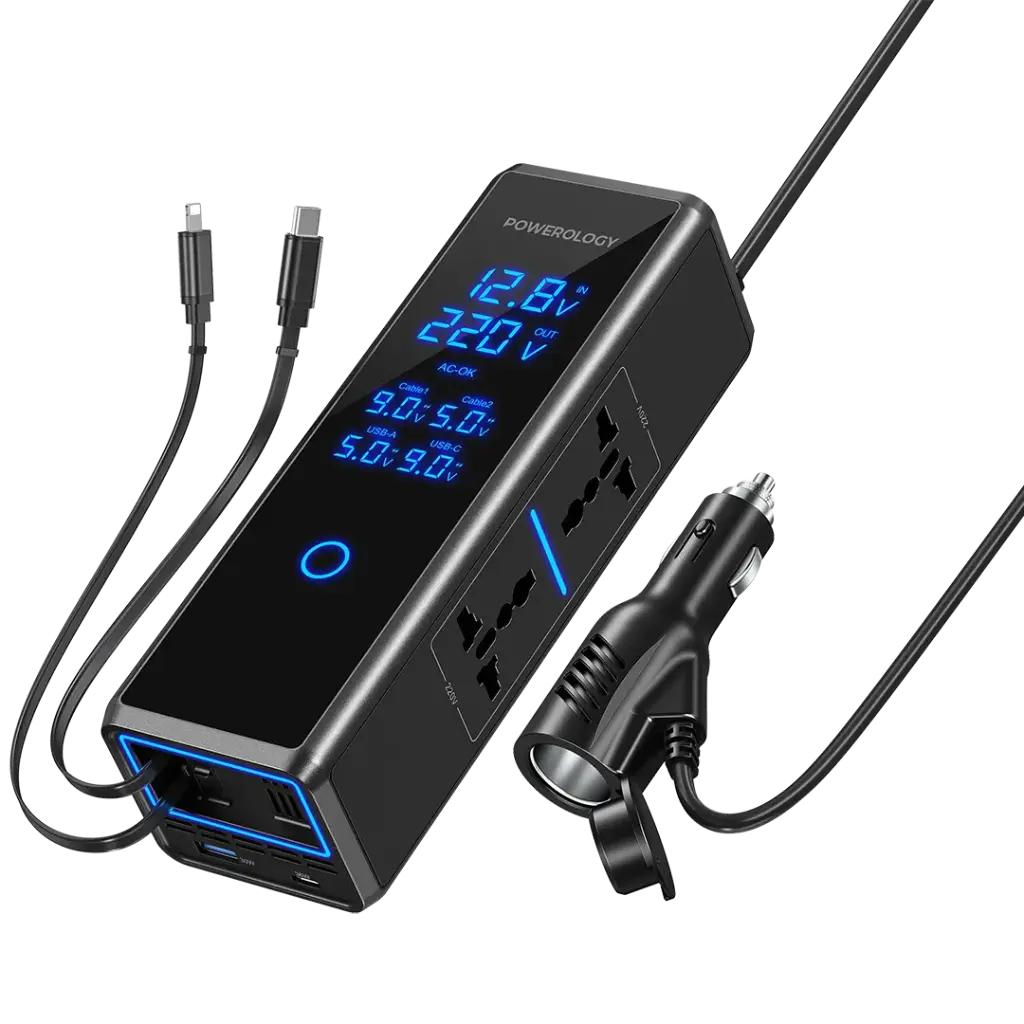 Powerology 300W Car Power Inverter 2xAC Universal Plug With 36w PD And Digital Display Black PWCPI300WBK