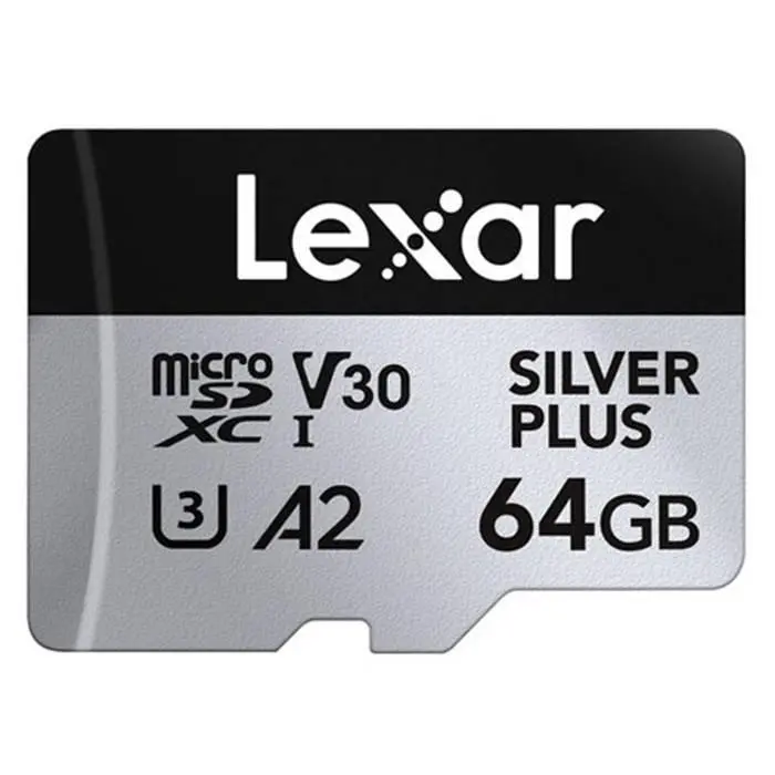 Lexar Professional Silver Plus MicroSDXC UHS-I 64GB Memory Card up to 205MB/s Read 100MB/s Write C10 V30 U3 LMSSIPL064G-BNANG