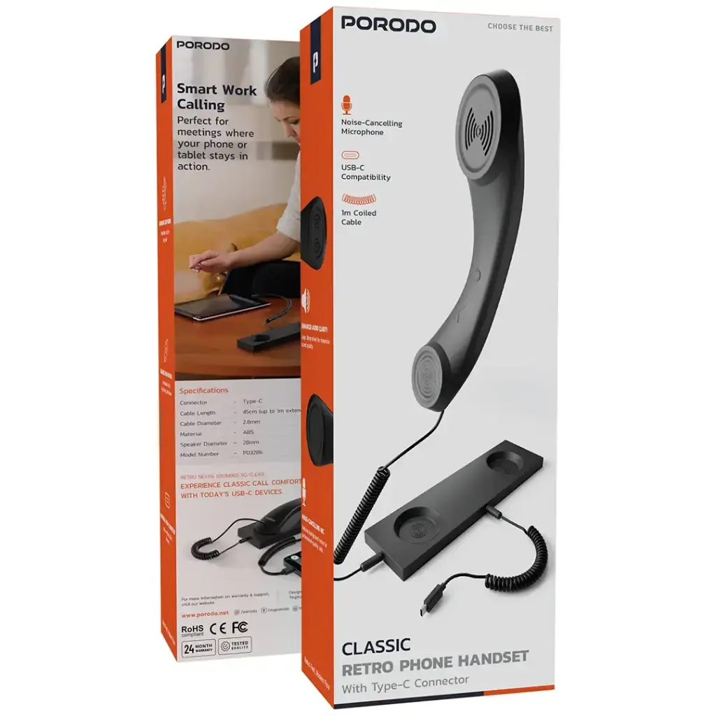 Porodo Classic Retro Phone Handset With Type-C Connector Black PD3286BK