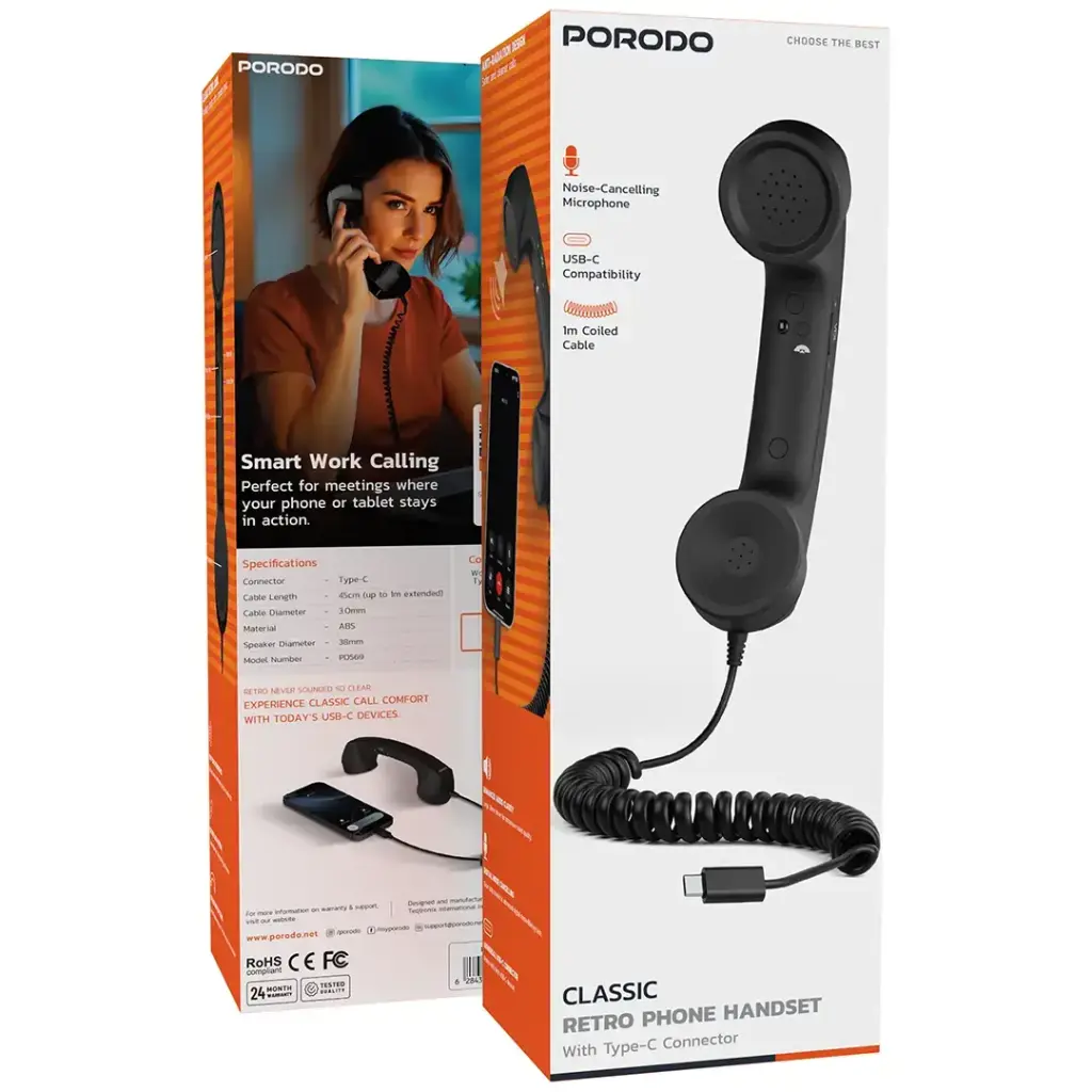 Porodo Classic Retro Phone Handset With Type-C Connector Black PD569BK