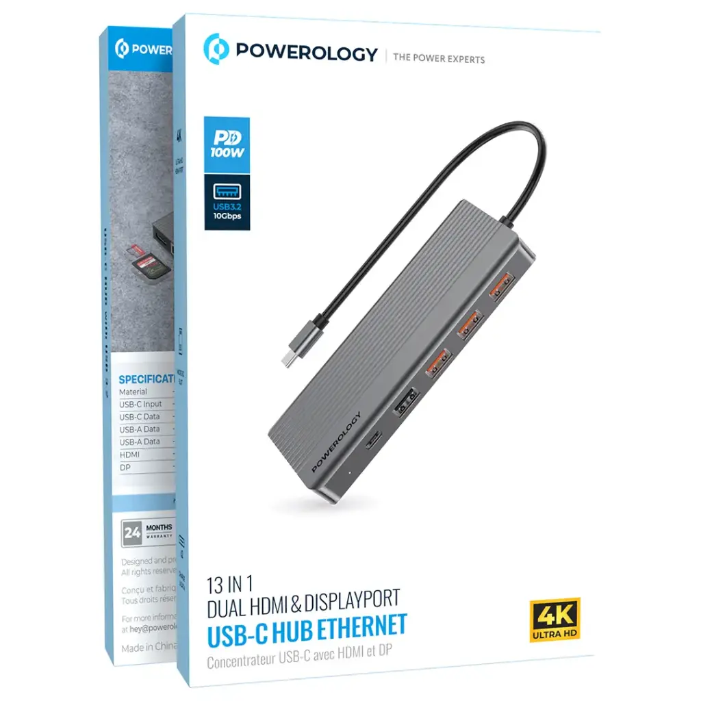 Powerology 13-in-1 Dual HDMI & DisplayPort USB-C HUB Ethernet Gray P131HBCGY