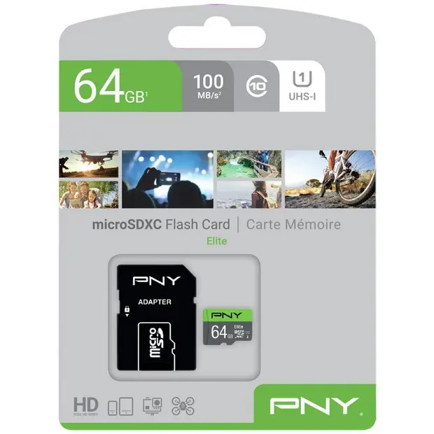 PNY Elite 100MB/s 64GB Class10 UHS-I MicroSDHC Card with Adapter