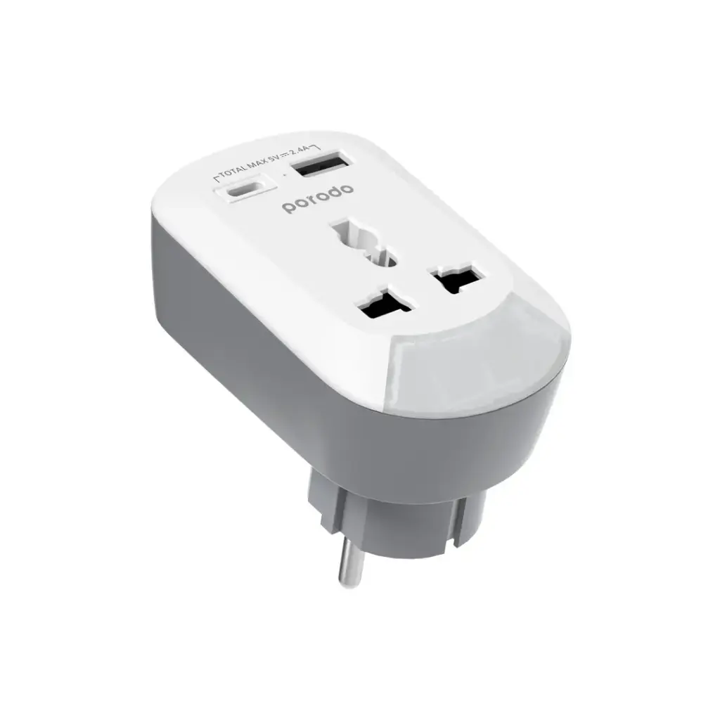 Porodo Universal AC Socket UK Plug Adapter with USB-A & USB-C Ports PD-MSACUK-WH 