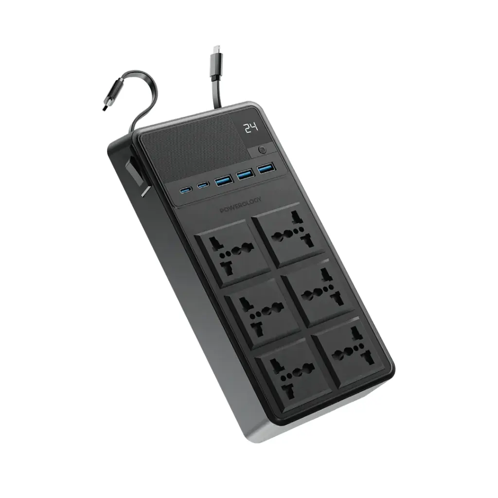 Powerology 2500W 6AC Power Strip with Built-In Retractable Cables PWCUQC030 - Black