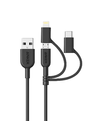 [194644025588] Anker Powerline II 3-in-1 Cable with Micro USB, USB-C, and Lightning Connector (Black, 3FT 0.9m) A8436H12