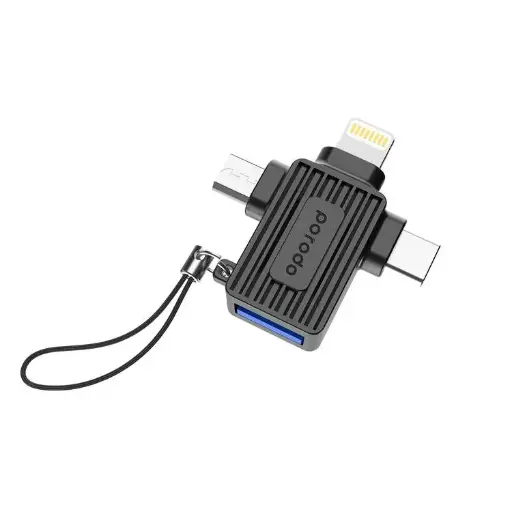 [6849108447430] Porodo 3-in-1 OTG Adapter, USB A to Lightning, Micro & Type-C, Fast Data Transfer, Universal Compatibility, Plug & Play, Up to 480Mbps Data Transfer Speed PD-CBL0025-BK