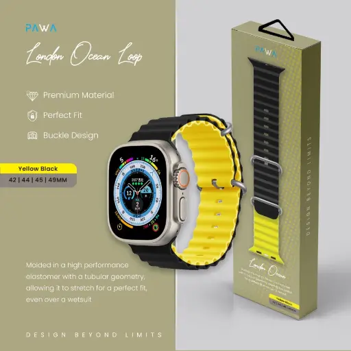 [6476971381136] Pawa London Ocean Watch Strap 42/44/45/49mm Black Yellow PW-WLLOIW-BKYL