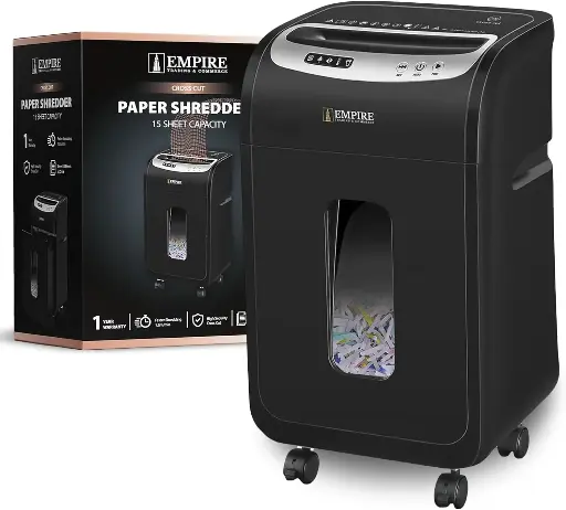 [OS901-15C] EMPIRE TRADING & COMMERCE OS901-15C Paper Shredder on Wheel 15-Sheet Cross-Cut, 20 Litres Paper Shredder Machine Black
