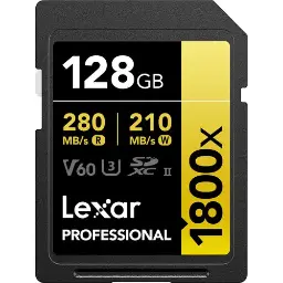Lexar Professional 1800x 128GB UHS-II V60 U3 R280MB/s W210MB/s C10 SDXC Memory Card LSD1800128G-BNNNG