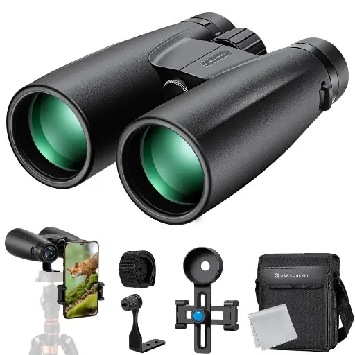 K&F Concept 12X50 Binoculars Telescope with Smartphone Adapter, Tripod Adapter, Cleaning Cloth, FMC Lens BAK4 Prism for Adults, HD Binoculars for Bird Watching Hunting Hiking Camping Travelling KF33.084