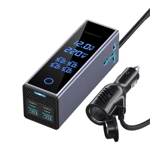 [9904781926072] Powerology 300W Car Power Inverter Universal Plug With Digital Display Grey PWCUQC044