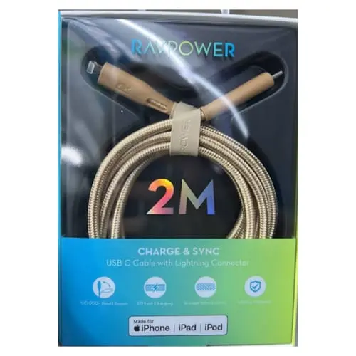 [6974740770247] Ravpower 2Mtr Charge&Sync Braided USB-C to Lightning Cable Gold RP.CB1018.GD