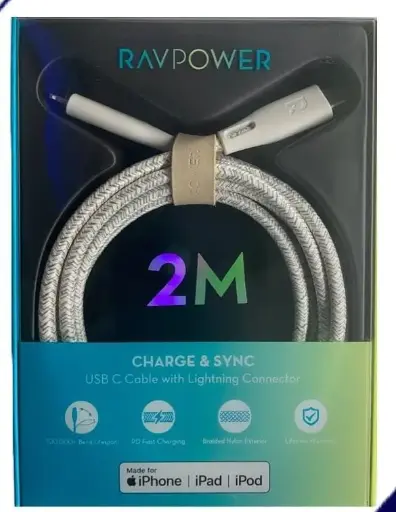 [6974740770230] Ravpower 2Mtr Charge&Sync Braided USB-C to Lightning Cable Green RP.CB1018.GN