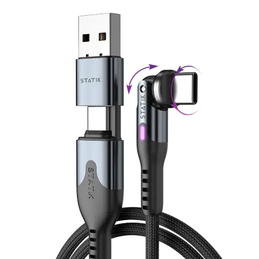 [810024055562] STATIK Power Pivot Pro 6.6Ft 2Mtr USB-C to USB-C Braided Nylon Cable with USB-A Adapter With 100w Fast Charge Black PUP-0455-6FT-CC