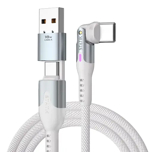 [810024057689] STATIK Power Pivot Pro 3.3Ft 1Mtr USB-C to USB-C Braided Nylon Cable with USB-A Adapter With 100w Fast Charge Black PUP-0455-3FT-CC-WHT