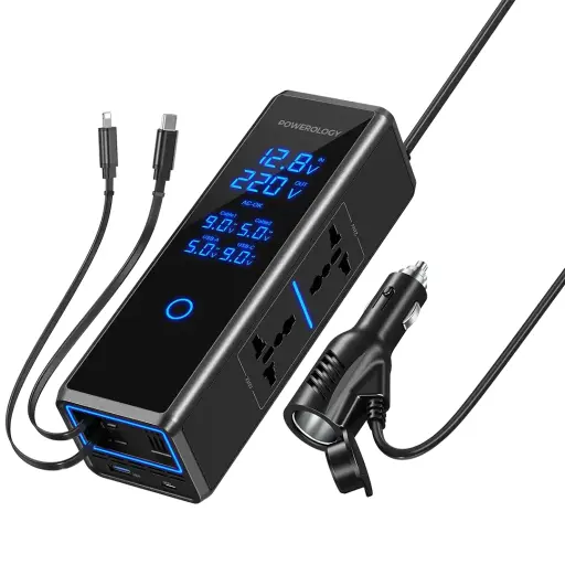 [6284302710452] Powerology 300W Car Power Inverter 2xAC Universal Plug With 36w PD And Digital Display Black PWCPI300WBK