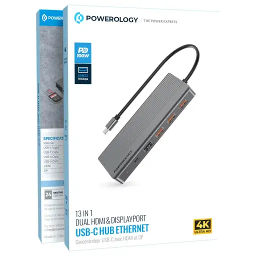 [6083749677850] Powerology 13-in-1 Dual HDMI & DisplayPort USB-C HUB Ethernet Gray P131HBCGY