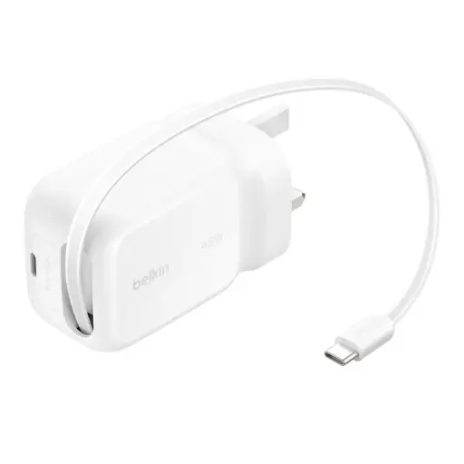 [745883946495] Belkin UltraCharge Retractable GaN Wall Charger 45W with 0.7 m USB-C Cable (WCH023myWH)