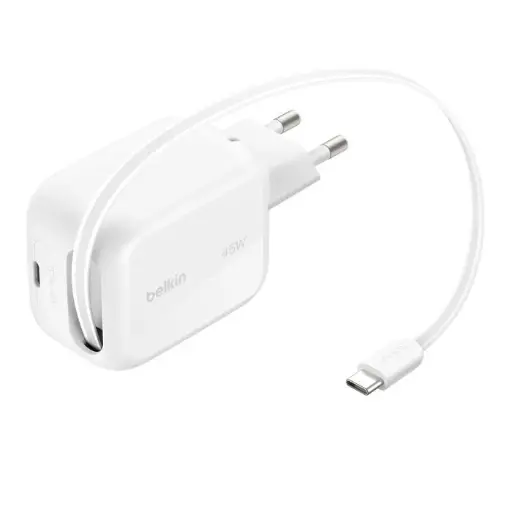 Belkin UltraCharge Retractable GaN Wall Charger 67W with 1 m USB-C Cable (WCH022myWH)